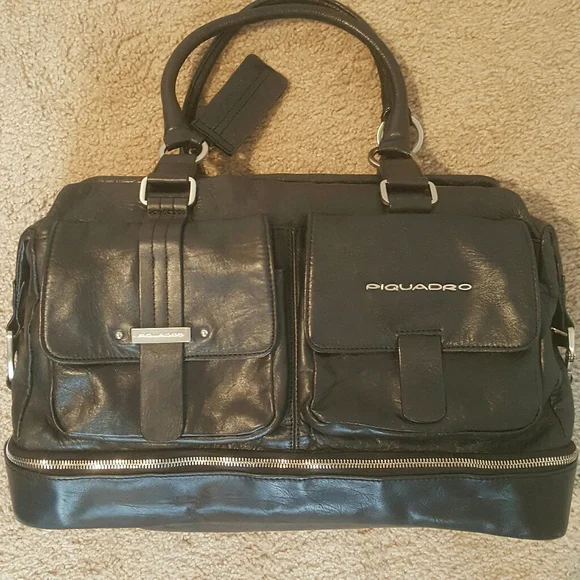 Piquadro Black Leather Duffle Bag Weekender - Picture 10 of 16